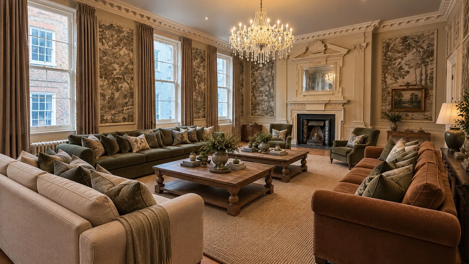 The Yoward House drawing room: crystal chandelier, mural wall panels, velvet sofas and a Georgian fireplace